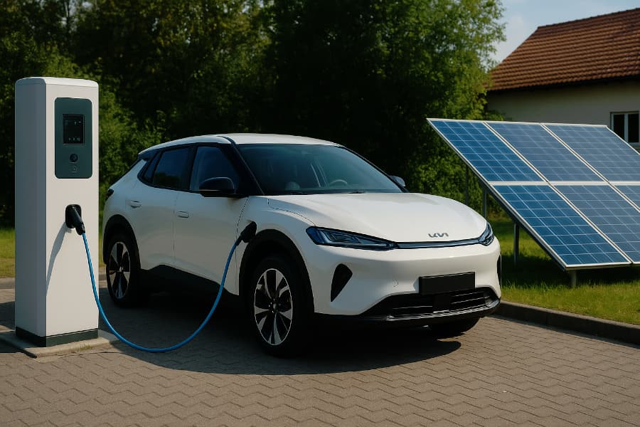 Auto elettrica che si ricarica presso un’abitazione privata e una colonnina pubblica