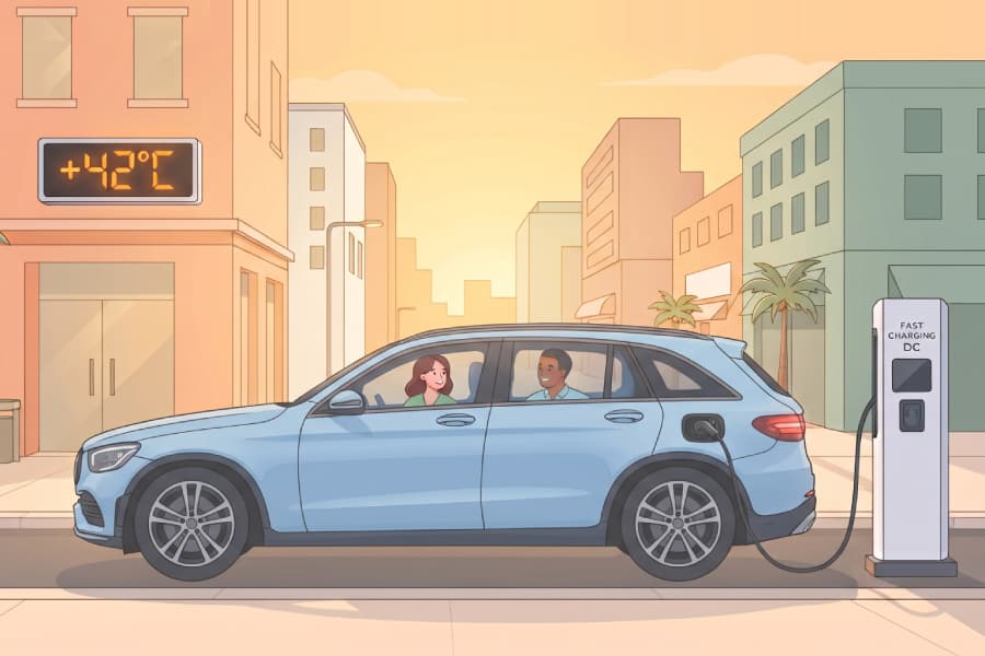 Auto elettrica collegata a una colonnina di ricarica in una giornata di sole estivo