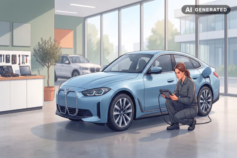 Tecnico che controlla lo stato della batteria di un'auto elettrica usata